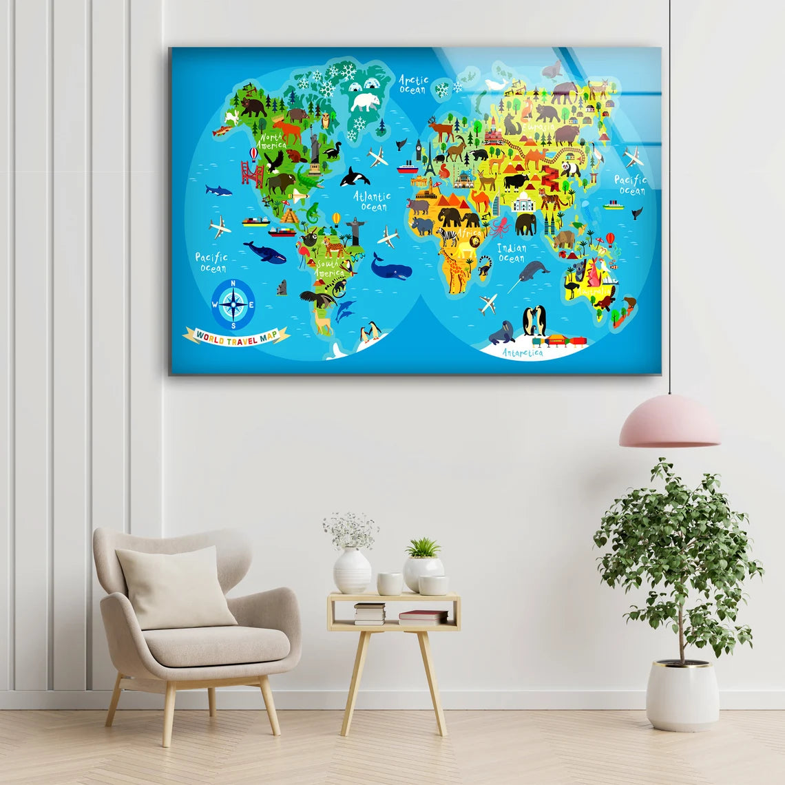 Colorful Kids World Map Vector Acrylic Glass Print Tempered Glass Wall Art 100% Made in Australia Ready to Hang