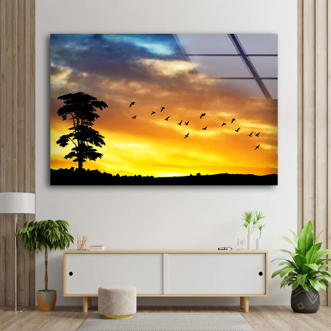 Birds on Sunset Sky with Tree View Photograph Acrylic Glass Print Tempered Glass Wall Art 100% Made in Australia Ready to Hang