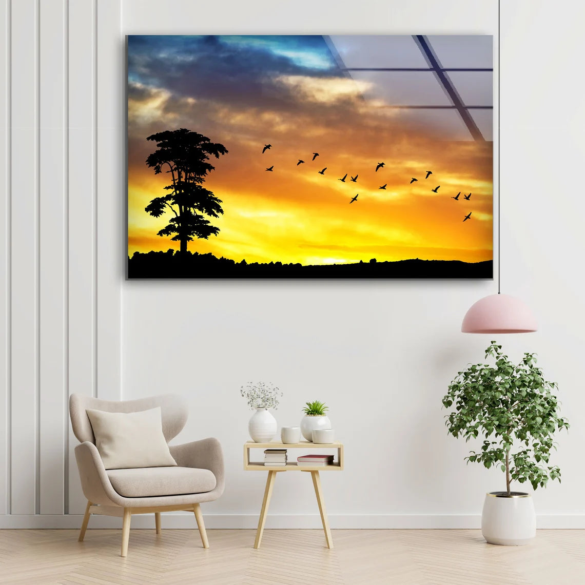 Birds on Sunset Sky with Tree View Photograph Acrylic Glass Print Tempered Glass Wall Art 100% Made in Australia Ready to Hang