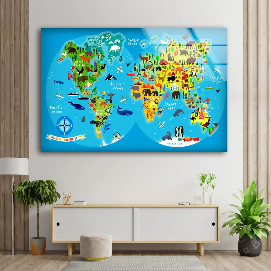 Colorful Kids World Map Vector Acrylic Glass Print Tempered Glass Wall Art 100% Made in Australia Ready to Hang