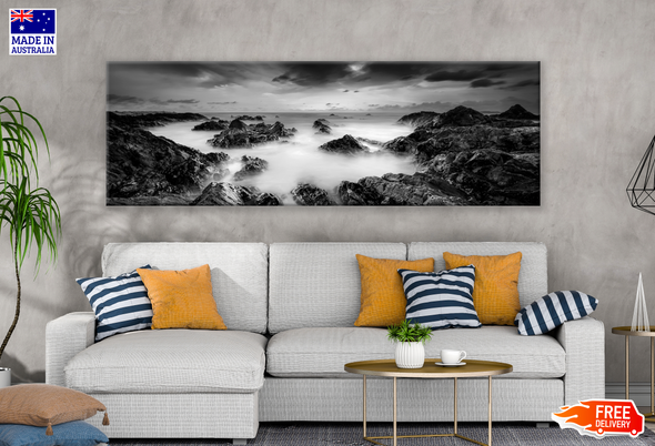 Panoramic Canvas B&W Misty Beach High Quality 100% Australian made wall Canvas Print ready to hang