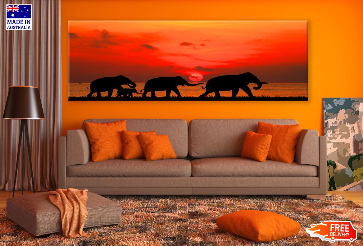 Panoramic Canvas Elephant Walking in Sunset High Quality 100% Australian made wall Canvas Print ready to hang