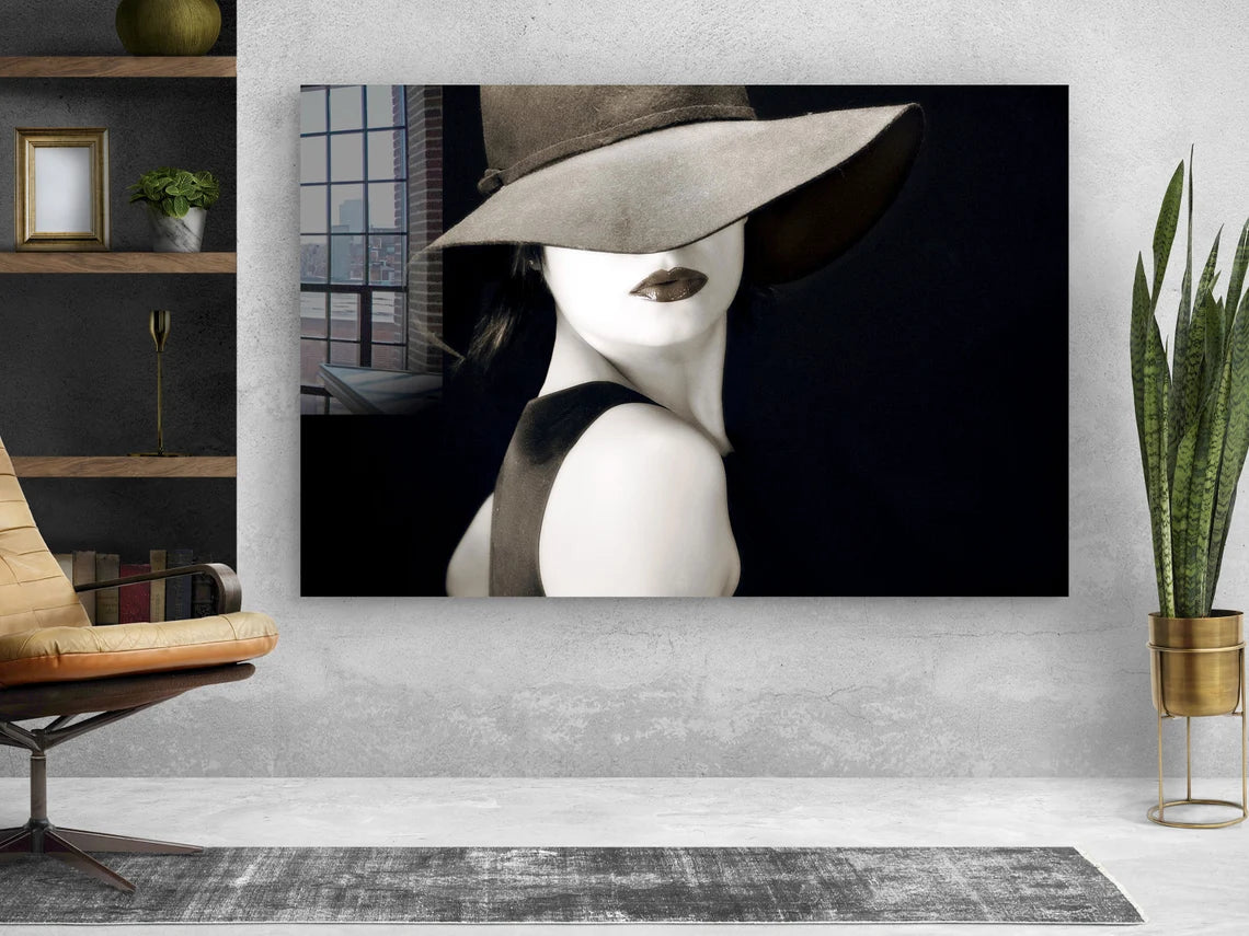 Fashion Hat Woman B&W Print Tempered Glass Wall Art 100% Made in Australia Ready to Hang