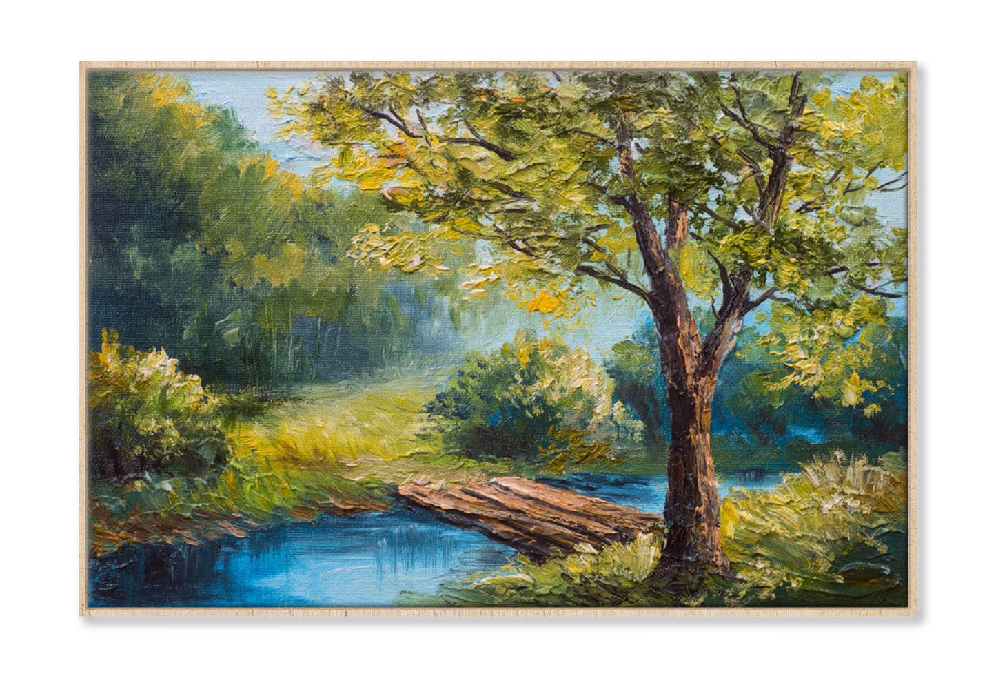 Wooden Pier on Lake & Green Forest Trees Oil Painting Wall Art Limited Edition High Quality Print Canvas Box Framed Natural