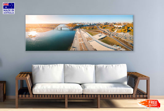 Panoramic Canvas River Bridge & City View Photograph High Quality 100% Australian Made Wall Canvas Print Ready to Hang