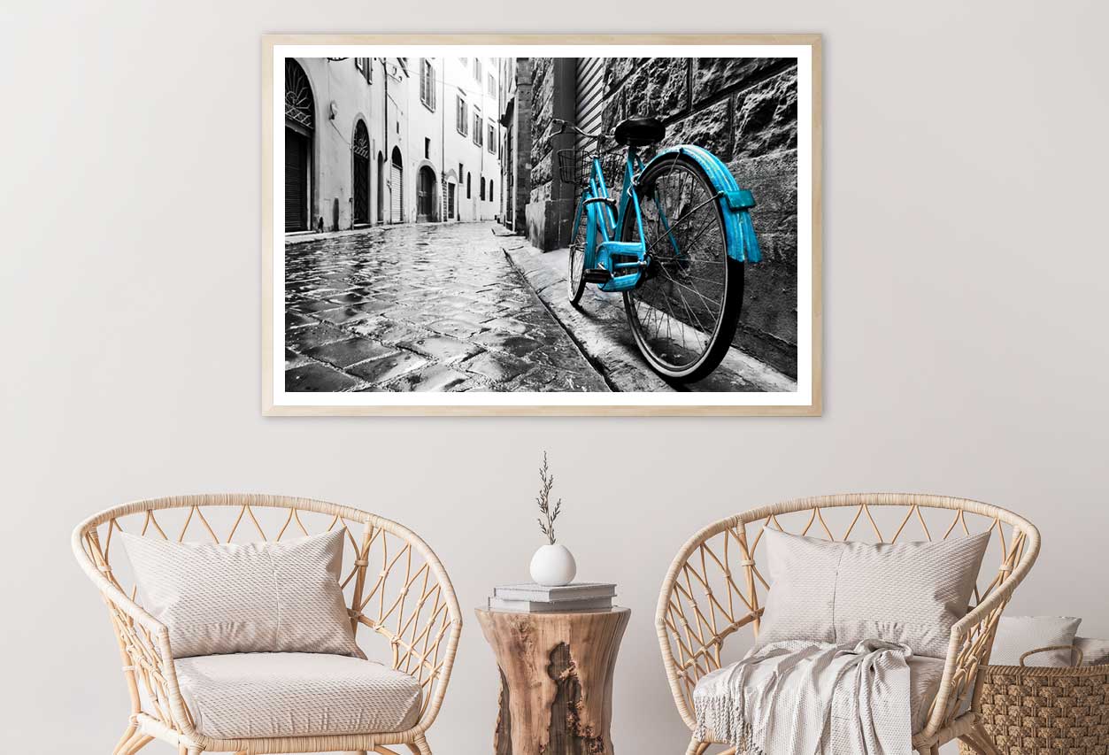 Blue Bike on Old Town Street B&W Photograph Home Decor Premium Quality Poster Print Choose Your Sizes