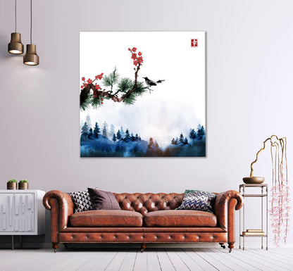 Square Canvas Bird on Red Flower Branch & Mountains Watercolor Painting High Quality Print 100% Australian Made