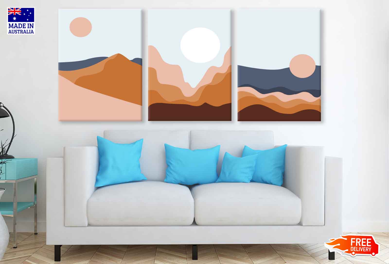 3 Set of Mountain with Sun Vector Illustration High Quality Print 100% Australian Made Wall Canvas Ready to Hang