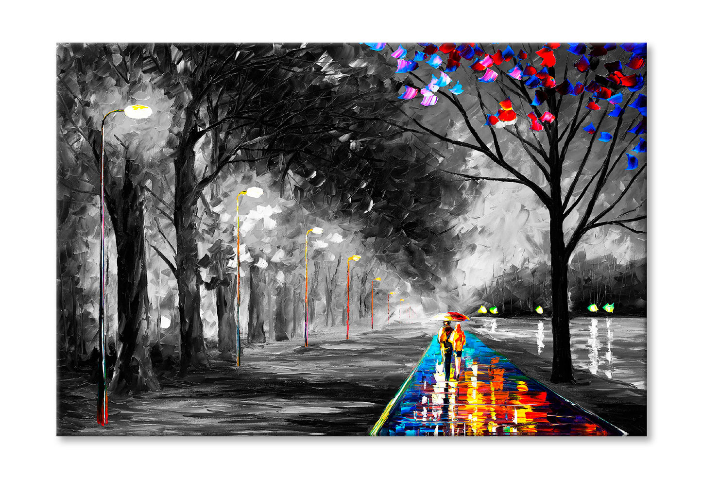 Couple Walking on Colorful Road B&W Trees Painting Wall Art Limited Edition High Quality Print Stretched Canvas None