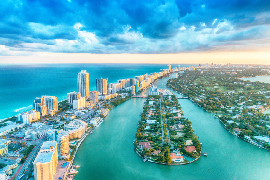 Miami Beach with City Aerial View Photograph Print 100% Australian Made