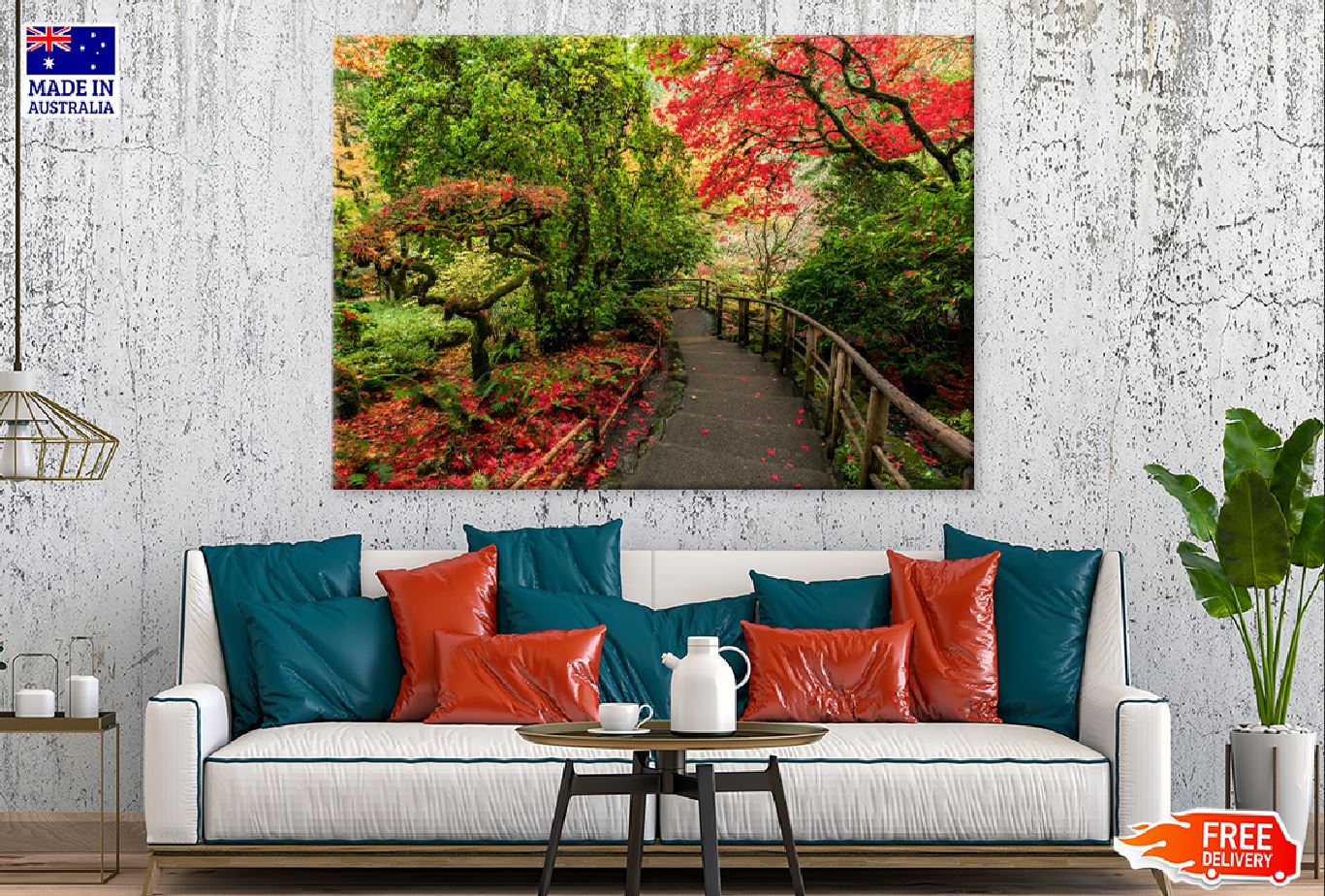 Red & Green Autumn Trees Pathway Photograph Print 100% Australian Made