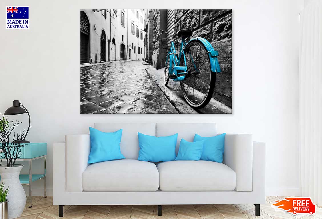 Blue Bike on Old Town Street B&W Photograph Print 100% Australian Made