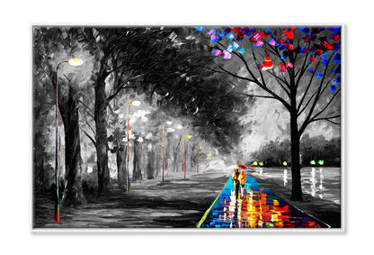 Couple Walking on Colorful Road B&W Trees Painting Wall Art Limited Edition High Quality Print Canvas Box Framed White