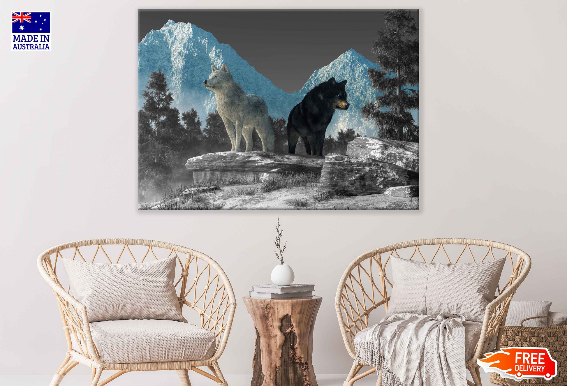 Blue Eyed Wolves & Snow Mountain Painting Print 100% Australian Made