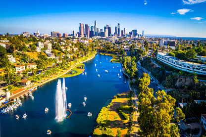 Los Angeles Skyline & Lake Aerial View Photograph Home Decor Premium Quality Poster Print Choose Your Sizes