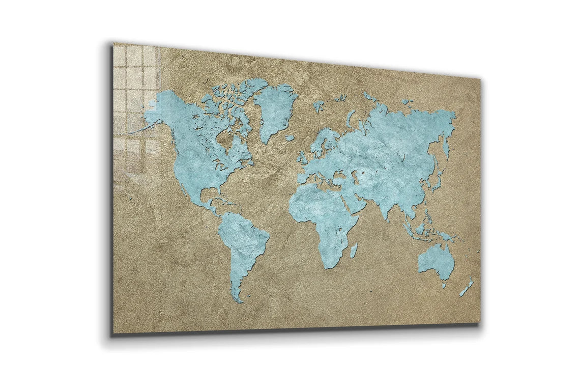 Vintage Blue World Map Print Tempered Glass Wall Art 100% Made in Australia Ready to Hang