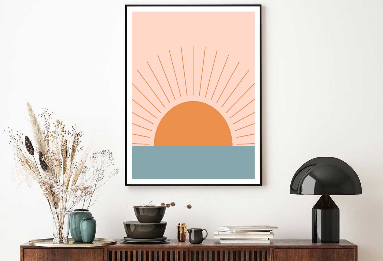 Orange Sun over Gray Sea Vector Design Home Decor Premium Quality Poster Print Choose Your Sizes