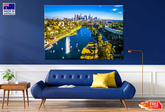 Los Angeles Skyline & Lake Aerial View Photograph Print 100% Australian Made