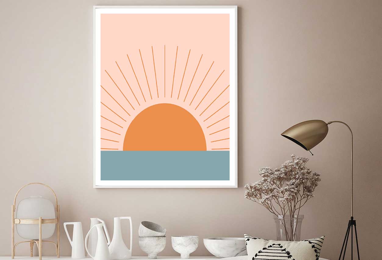 Orange Sun over Gray Sea Vector Design Home Decor Premium Quality Poster Print Choose Your Sizes