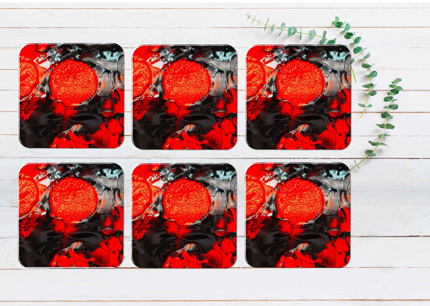 Red Orange Black Abstract Painting Coasters Wood & Rubber - Set of 6 Coasters
