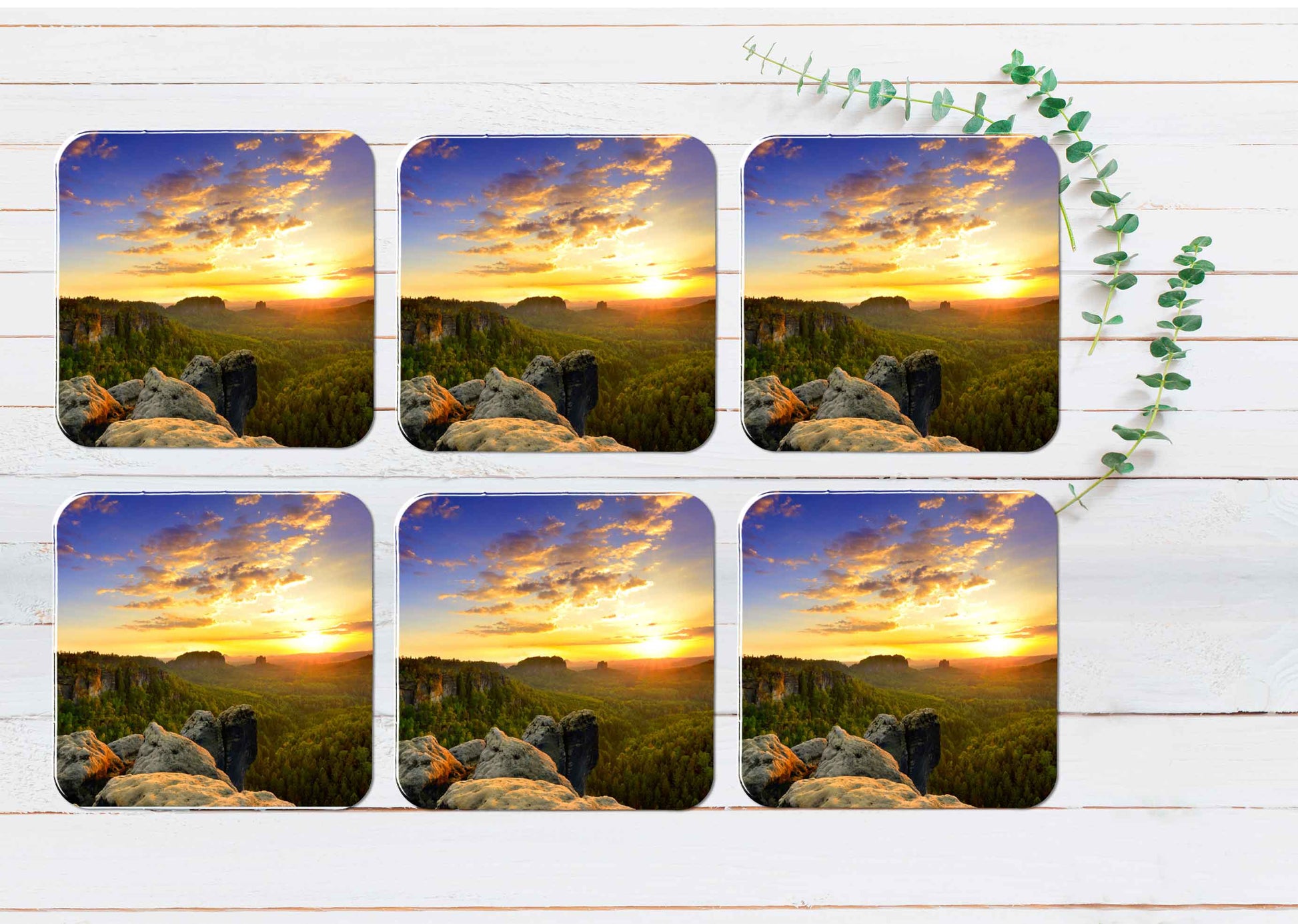 Saxon Sunrise View Coasters Wood & Rubber - Set of 6 Coasters