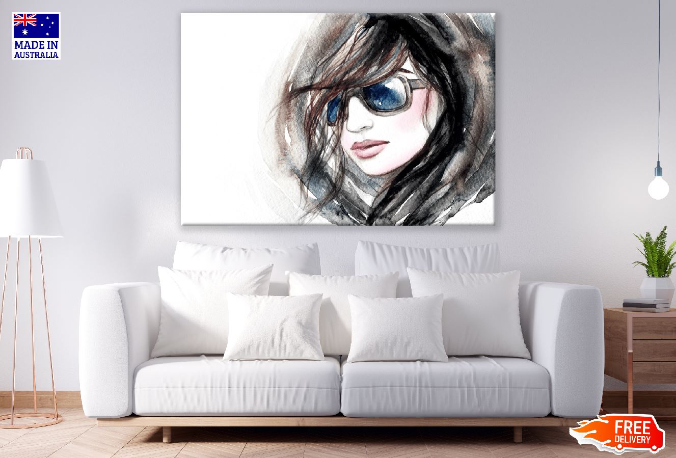 Young Women With Sunglasses B&W Watercolor Painting Print 100% Australian Made