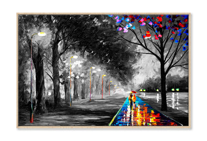 Couple Walking on Colorful Road B&W Trees Painting Wall Art Limited Edition High Quality Print Canvas Box Framed Natural