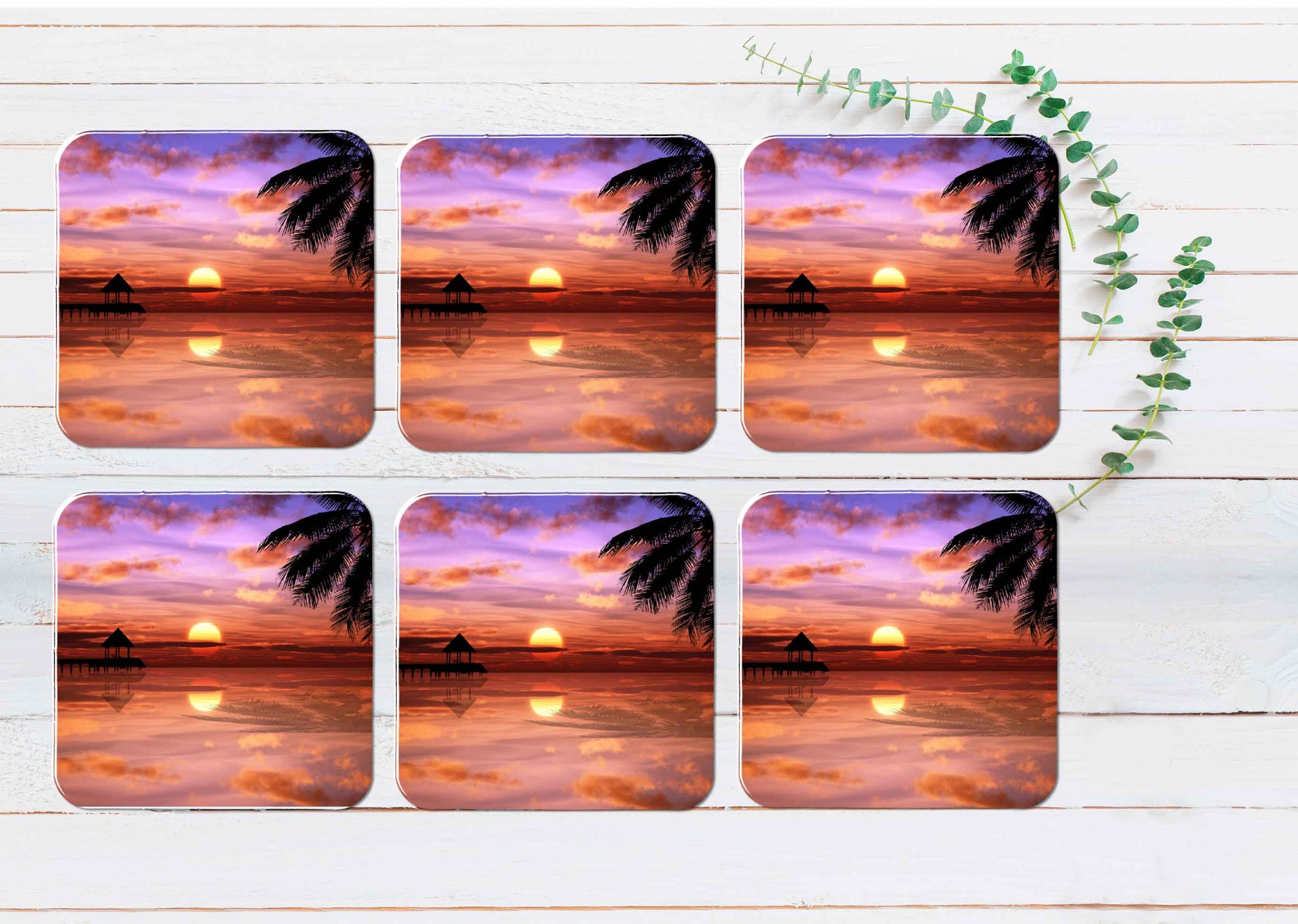 Pink Sunset & Lake with Palm Tree Coasters Wood & Rubber - Set of 6 Coasters