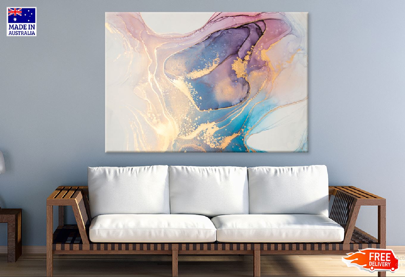 Blue Pink & Gold Fluid Abstract Design Print 100% Australian Made