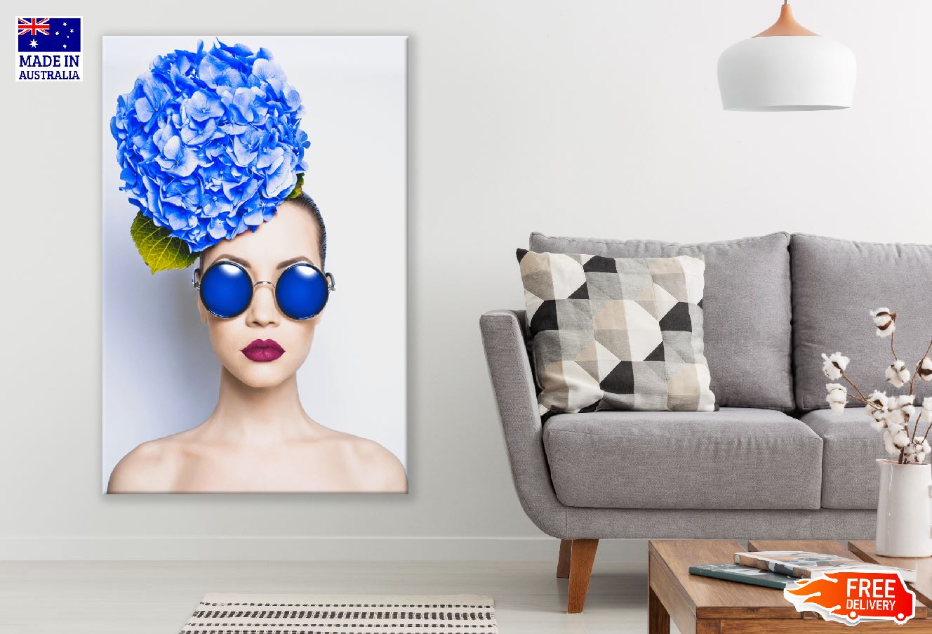 Fashion Portrait of Young Lady with Blue Hydrangea Print 100% Australian Made