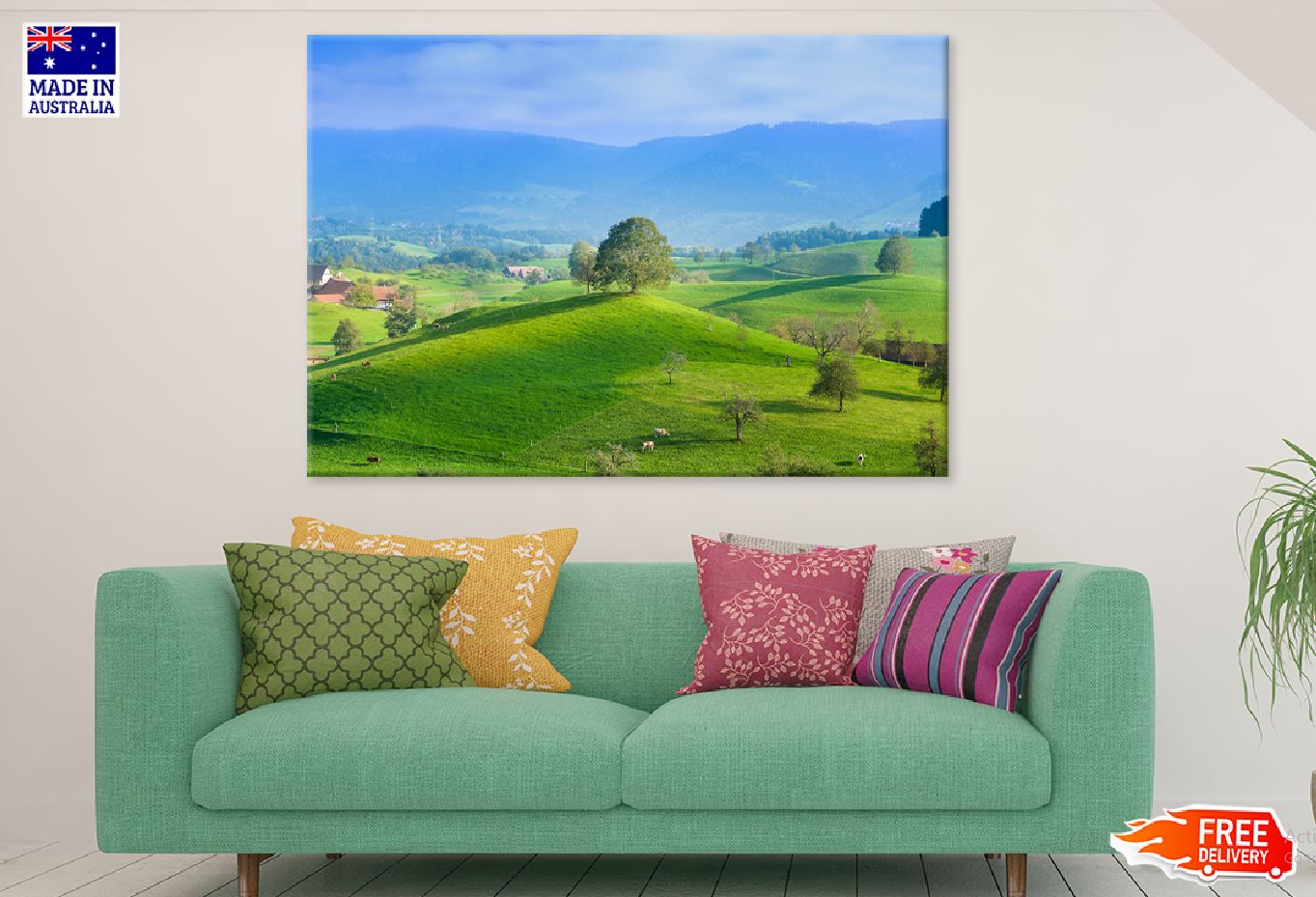 Tree on Green Grass Hill Aerial View Print 100% Australian Made