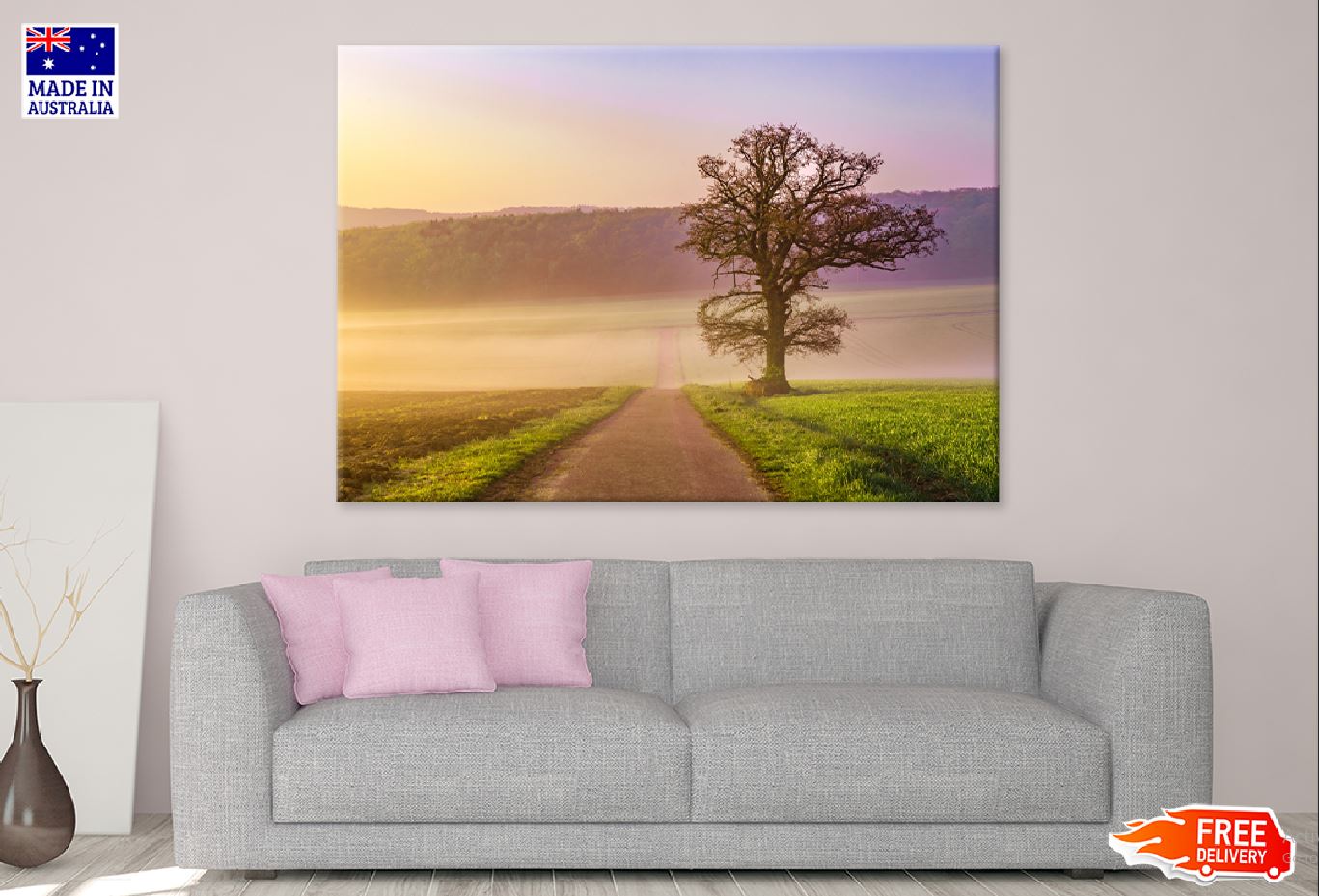 Tree on Green Grass Field Road Photograph Print 100% Australian Made