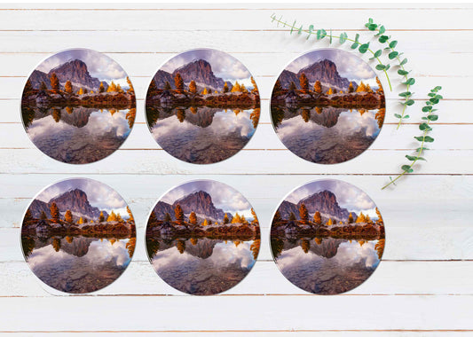 Mountain River Reflection Coasters Wood & Rubber - Set of 6 Coasters