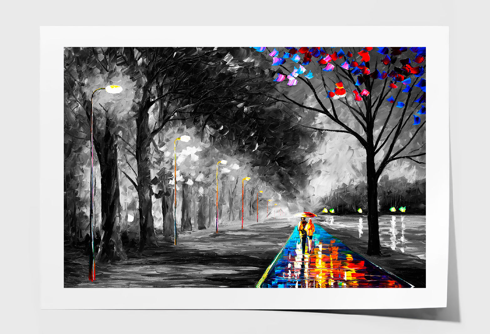 Couple Walking on Colorful Road B&W Trees Painting Wall Art Limited Edition High Quality Print Unframed Roll Canvas None