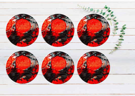 Red Orange Black Abstract Painting Coasters Wood & Rubber - Set of 6 Coasters