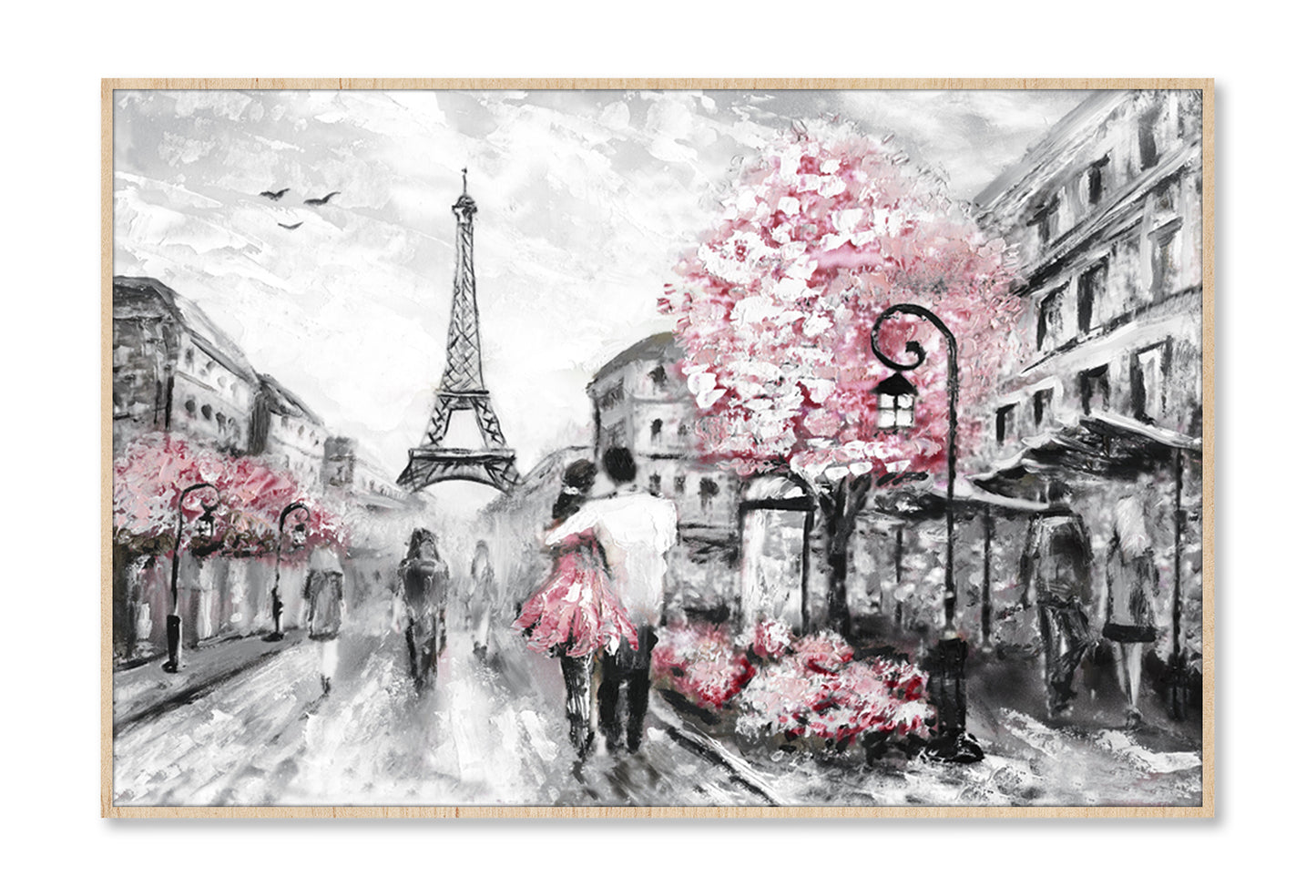 Romantic Paris Street Eiffel Tower & Flower Trees Wall Art Limited Edition High Quality Print Canvas Box Framed Natural