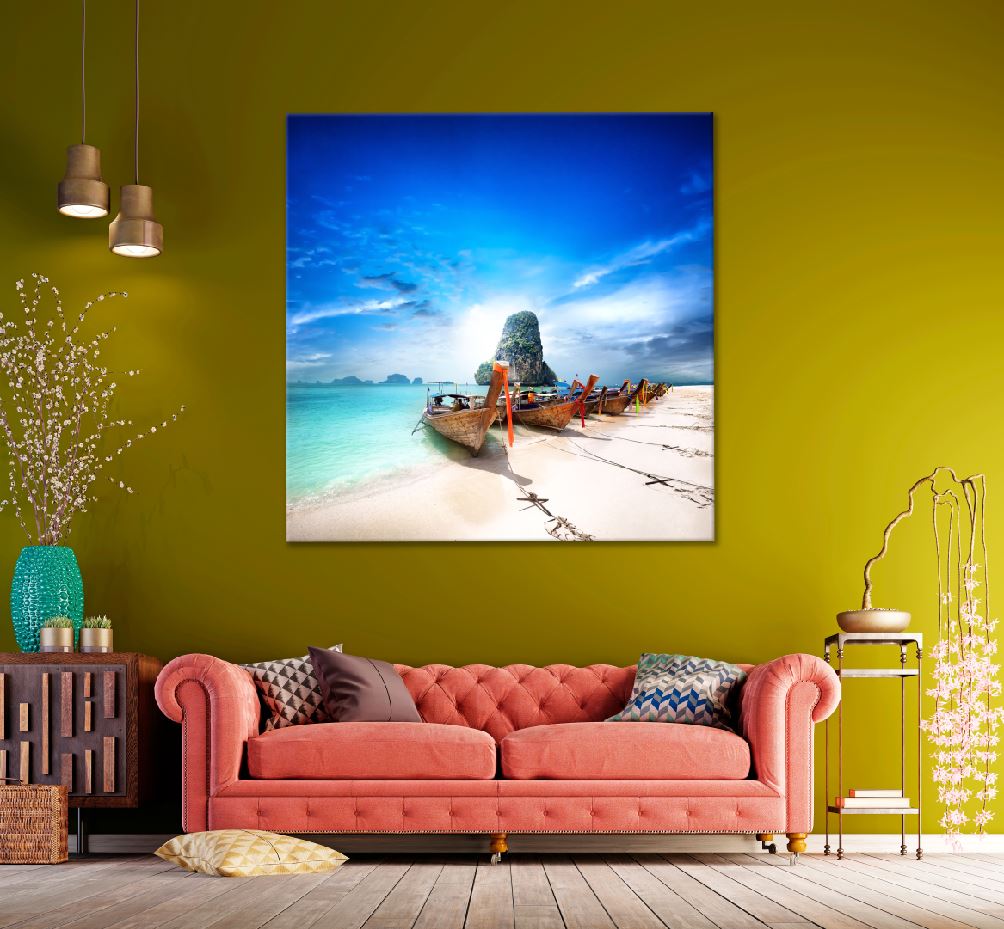 Square Canvas Boats Near Seashore with Sky View Photograph High Quality Print 100% Australian Made