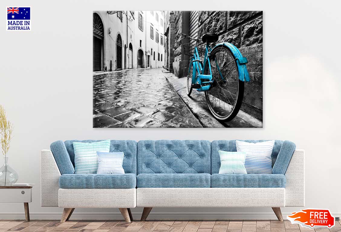 Blue Bike on Old Town Street B&W Photograph Print 100% Australian Made