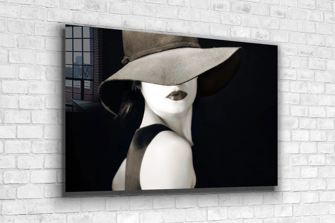 Fashion Hat Woman B&W Print Tempered Glass Wall Art 100% Made in Australia Ready to Hang