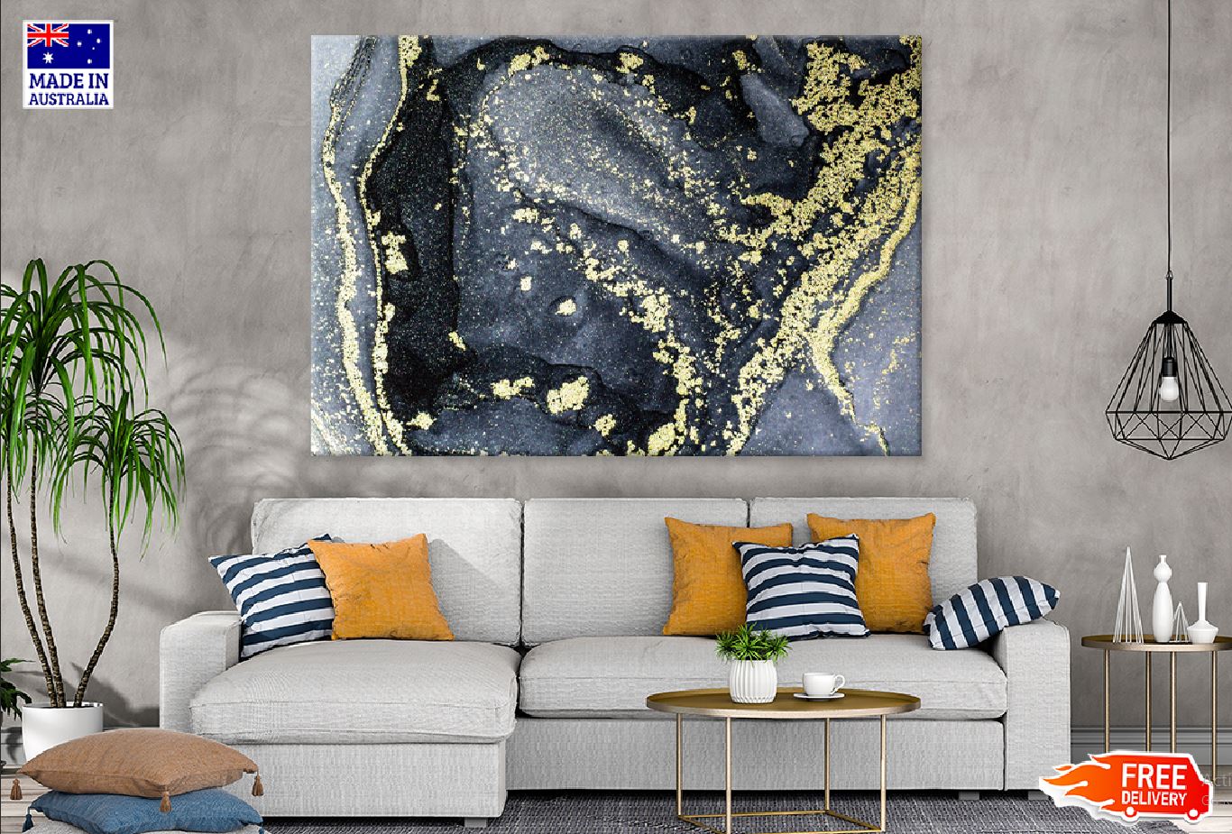 Black Grey & Gold Fluid Abstract Design Print 100% Australian Made