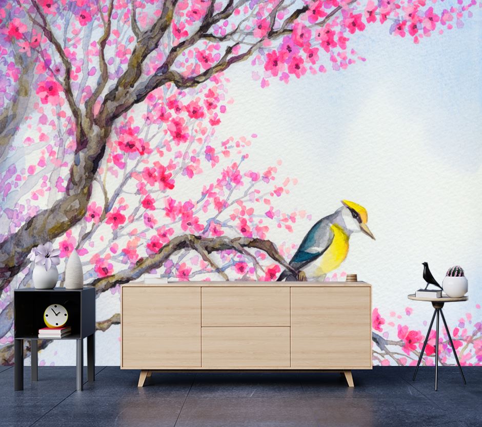 Wallpaper Murals Peel and Stick Removable Pink Flower Tree & Bird Watercolor Painting High Quality