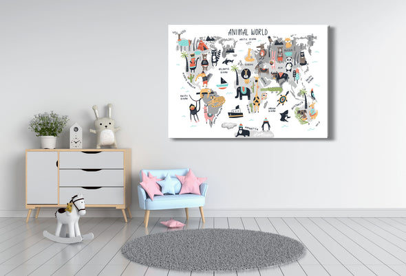 Kids Animal's World Map Art Print 100% Australian Made