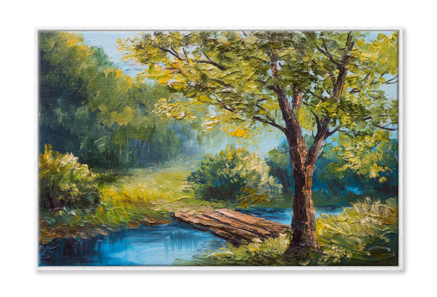 Wooden Pier on Lake & Green Forest Trees Oil Painting Wall Art Limited Edition High Quality Print Canvas Box Framed White