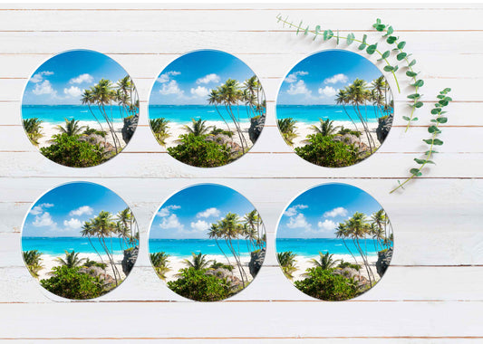 Tropical Paradise With Palms Barbados Coasters Wood & Rubber - Set of 6 Coasters