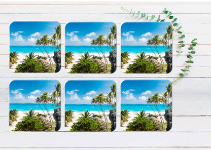 Tropical Paradise With Palms Barbados Coasters Wood & Rubber - Set of 6 Coasters