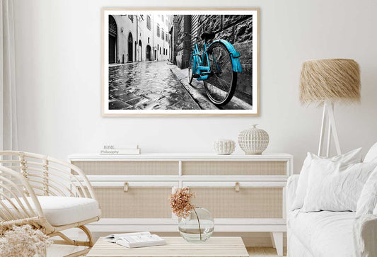 Blue Bike on Old Town Street B&W Photograph Home Decor Premium Quality Poster Print Choose Your Sizes