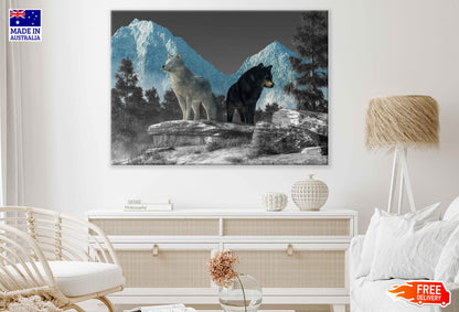 Blue Eyed Wolves & Snow Mountain Painting Print 100% Australian Made