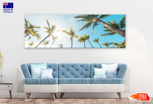 Panoramic Canvas Palm Trees & Blue Sky View Photographin High Quality 100% Australian Made Wall Canvas Print Ready to Hang