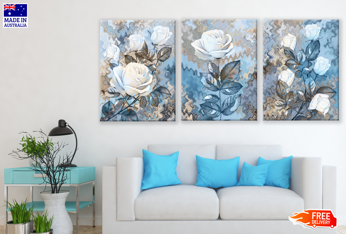 3 Set of White Blue Flower Tree High Quality print 100% Australian made wall Canvas ready to hang