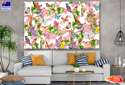 Birds & Butterflies on a Flower Tree Painting Print 100% Australian Made